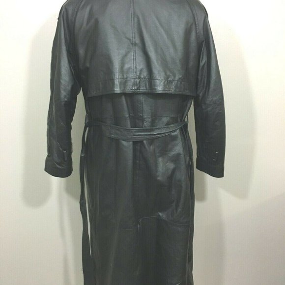 Phase Two Mens Black Solid Leather Belted Casual Collared Trench Coat Size Large